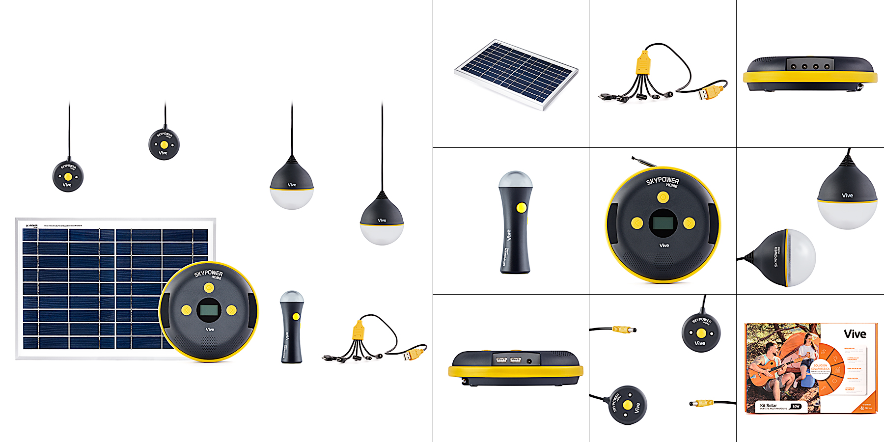 Fotos componentes del Kit solar portátil. Trabajo para Tienda Celsia.
